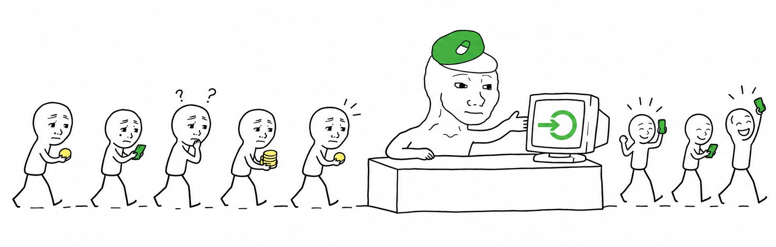THE ONBOARDOOOR at his desk, onboarding a line of confused people